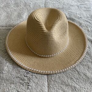 Ellen Tracy Pearl-Trim Straw Sun Hat - Beige